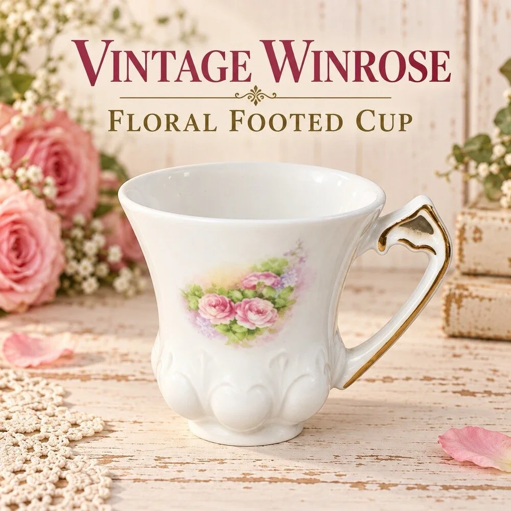 Vintage Winrose Collection Floral Footed Cup Pink Roses Gold Trim USA 4”